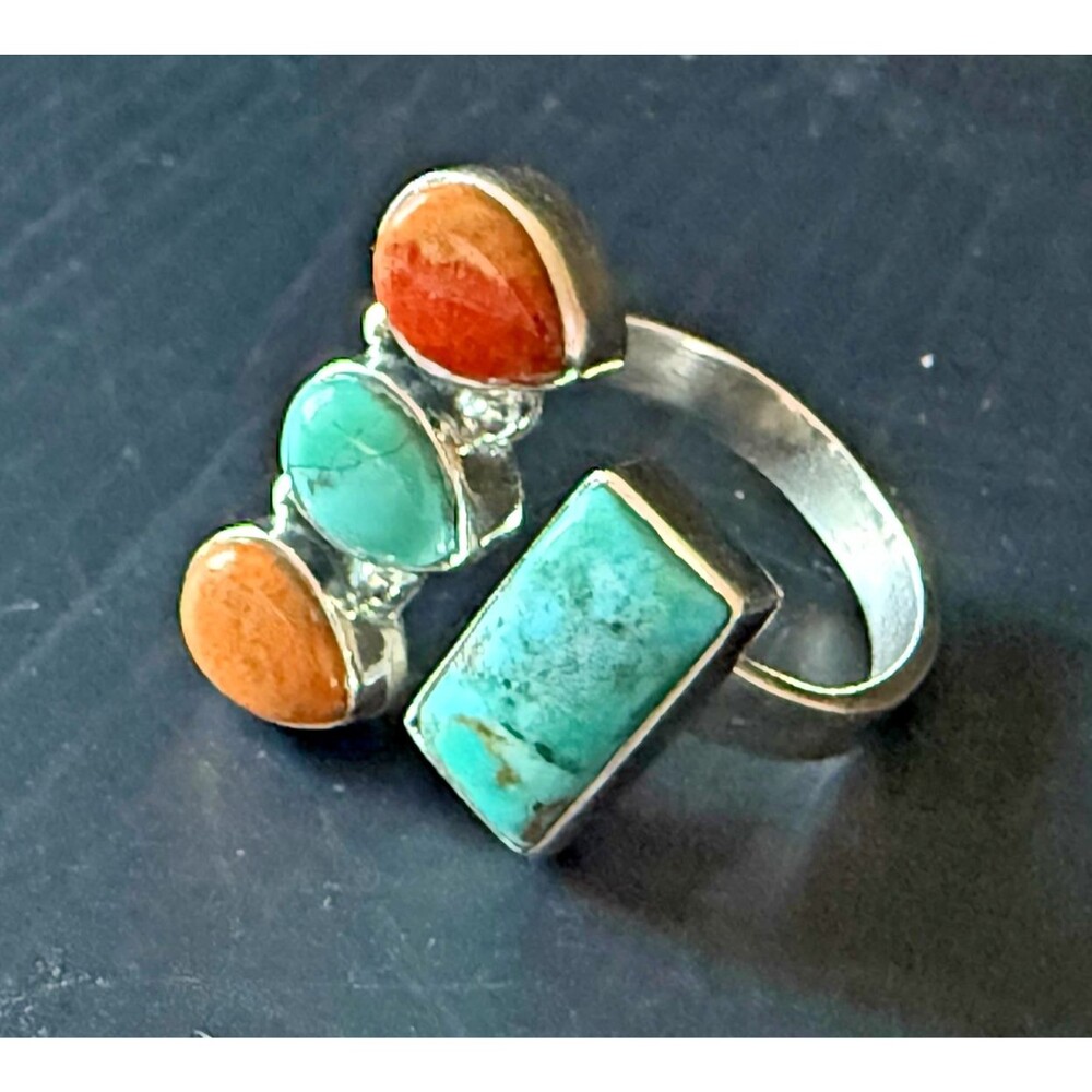Sterling Silver Turquoise & Spiny Oyster Southwestern Bypass Statement Ring - Picture 5 of 8